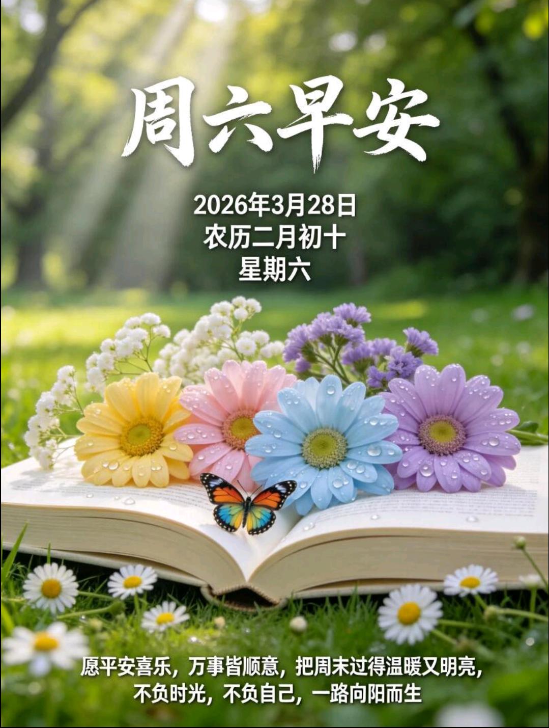 周六早安！阳光正好，万物可爱。愿你在和煦春风里，给心情放个假，给生活添点甜，不用