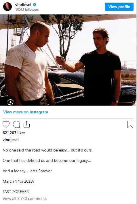 速激系列最终章定档！范·迪塞尔在社交平台上官宣，速度与激情系列的下一部电影正式定