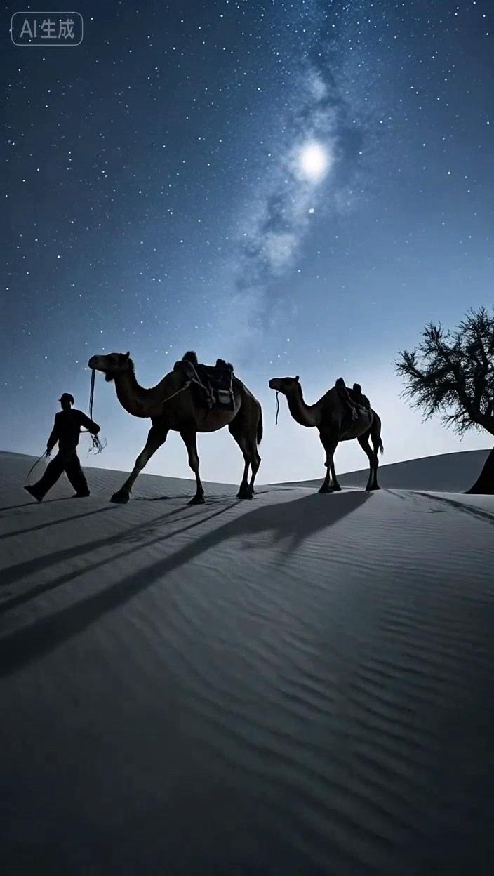 七绝●孤寂前行披星戴月人生路，露宿风餐岁月途。沙漠荒洲逢老树，驼铃