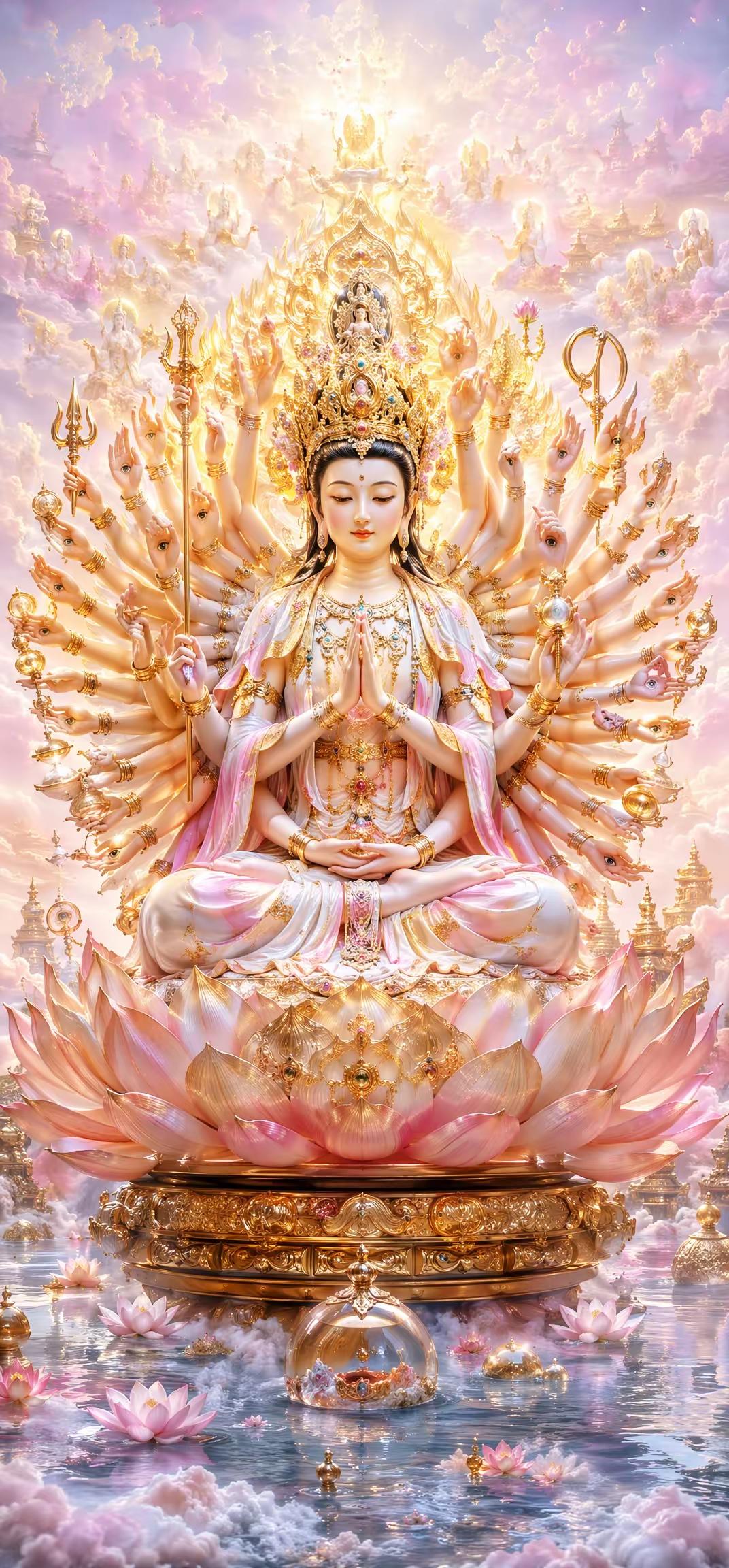 手机壁纸～一池鎏金荷韵，九鱼聚财送祥，藏着满盈的财运与福气；万丈青山飞瀑，锦鲤跃