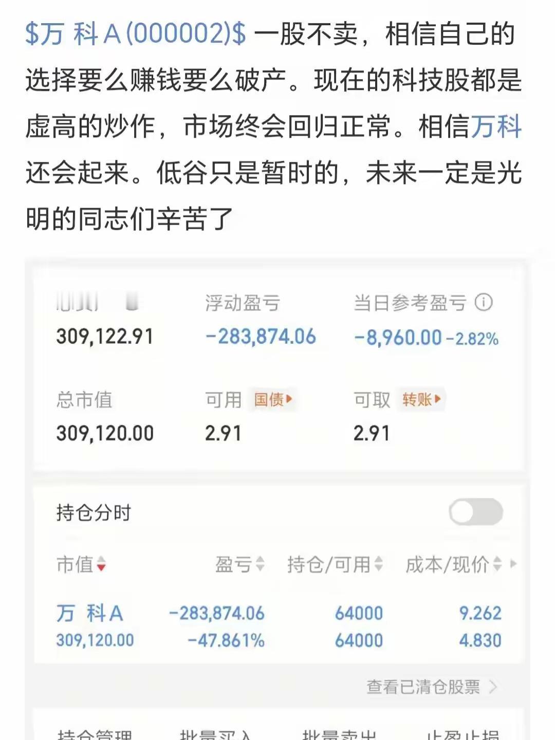 这张万科持仓图，让人看得心头一紧。47.86%的亏损，28万多真金白银缩水，