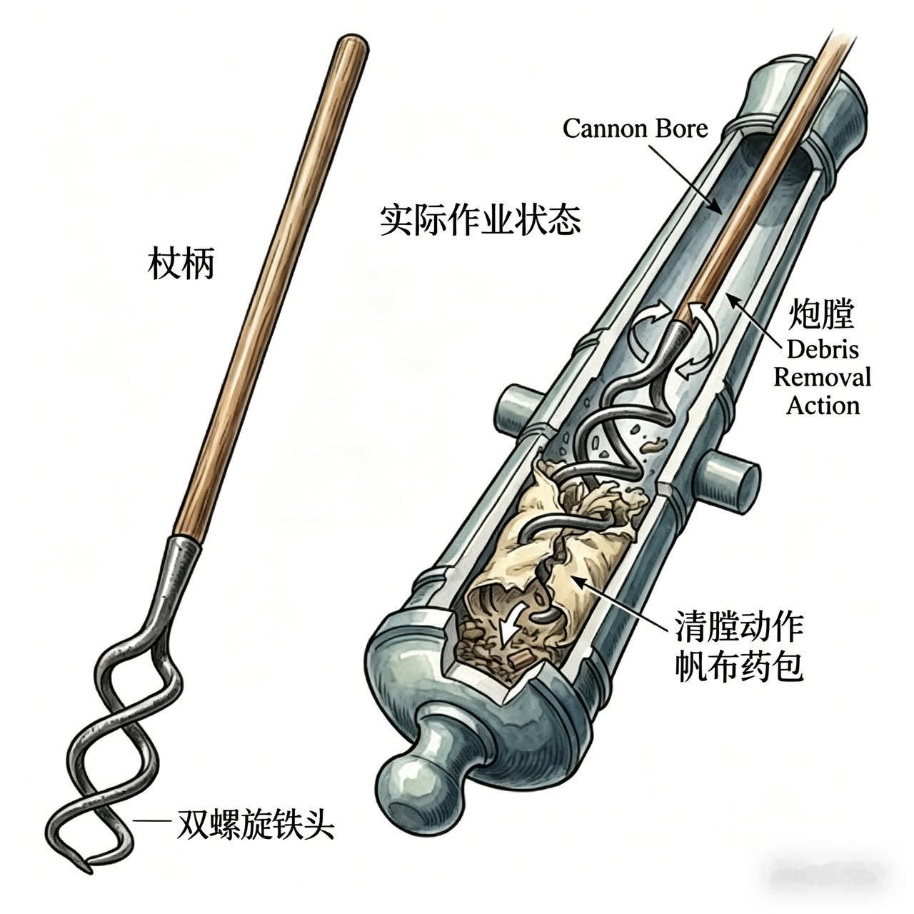 这张图里的工具，是古代火炮炮手的“救命稻草”——双螺旋清膛钩（Worm），一个