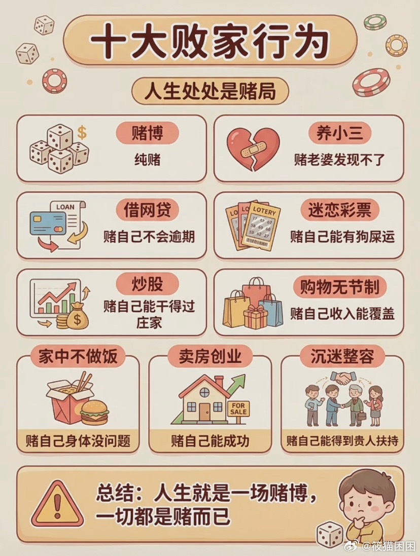 别让这10件事，掏空你的生活1.赌钱上瘾，越输越多2.在外养小三，背叛家庭3
