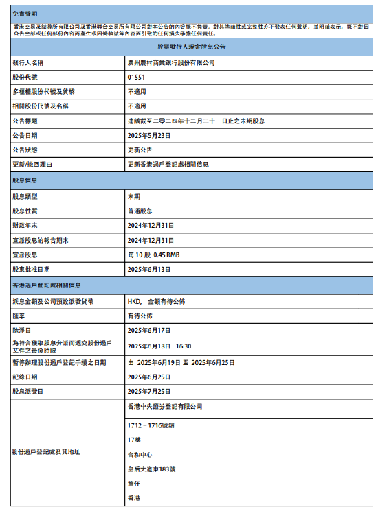 广州农商银行: 将于7月25日派发末期股息每10股0.45元