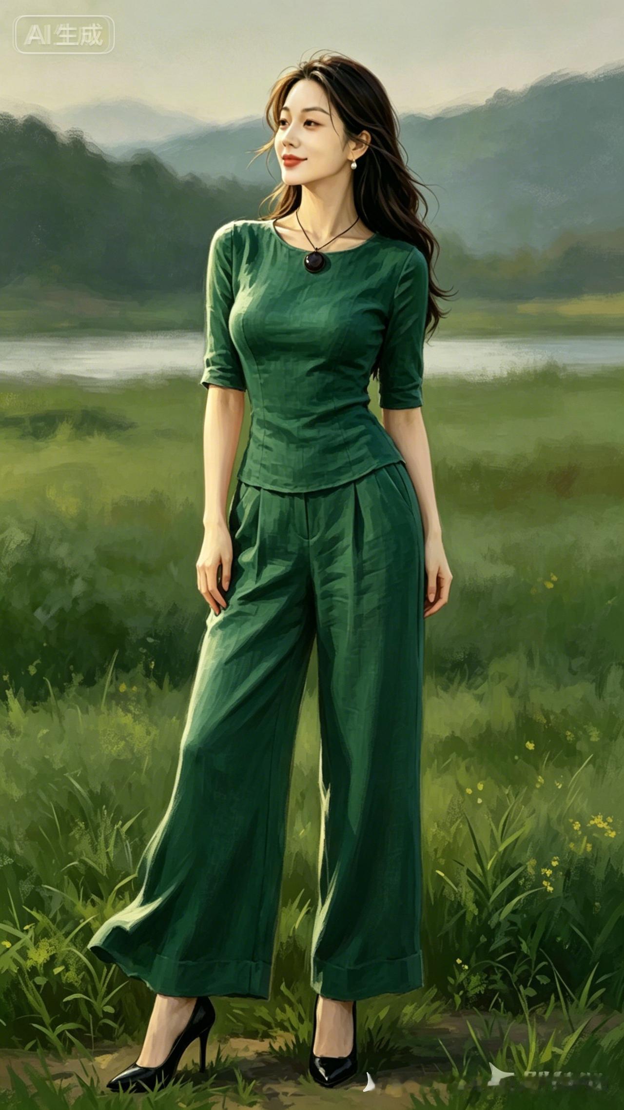 一位穿绿色连衣裙的女士站在草地上。