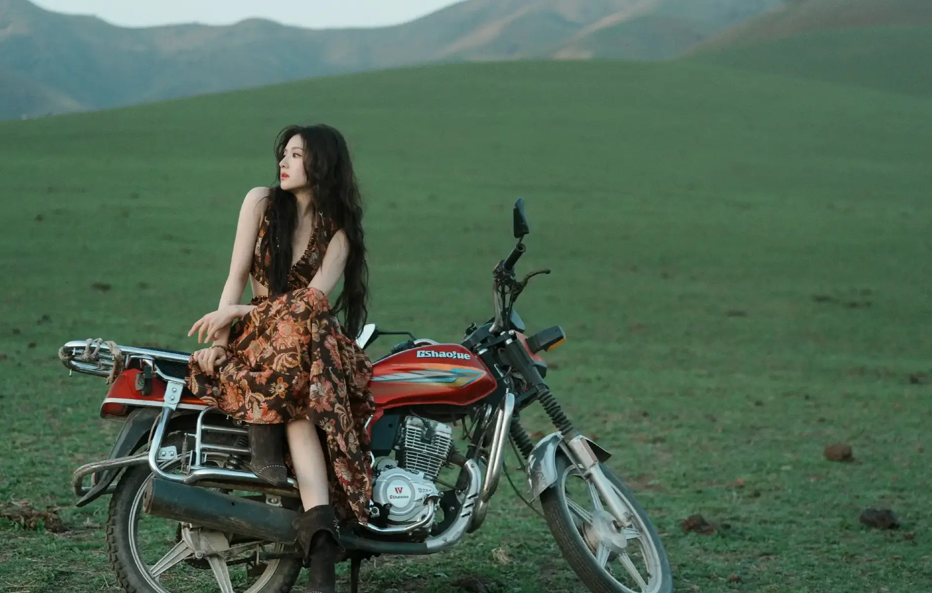 李兰迪穿印花长裙自由浪漫俯身趴在车头故事感满满