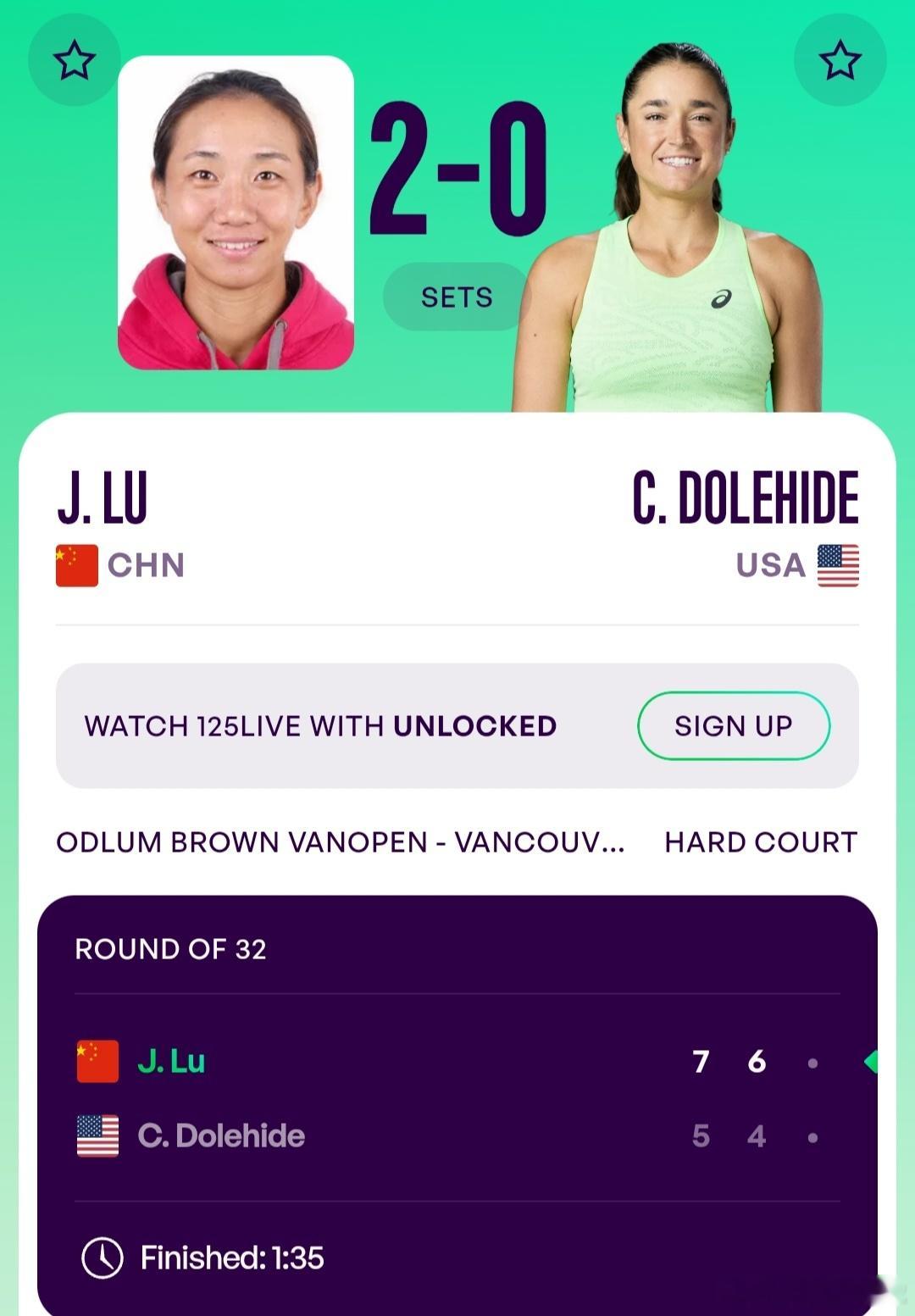 WTA125温哥华站🇨🇦女单第1轮老将逯佳境🇨🇳7-5/6-4战胜多勒海