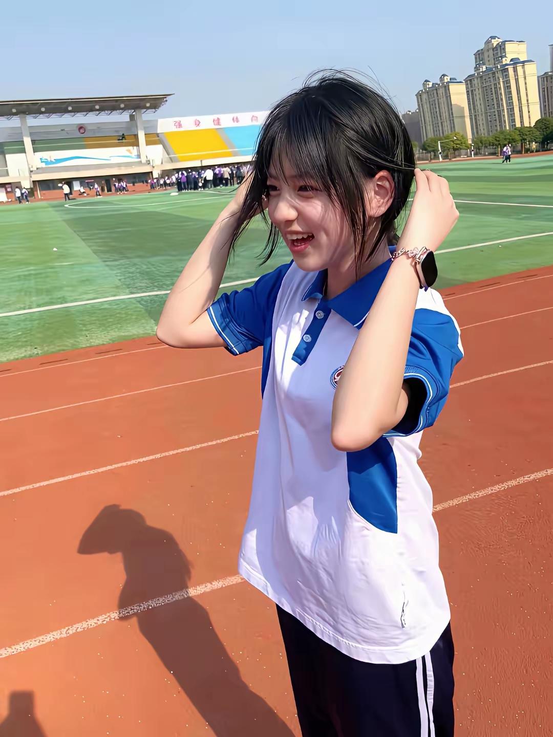 操场边，阳光明媚，笑颜如花。阳光少女照运动治愈系美女乡间活力少女运动少女