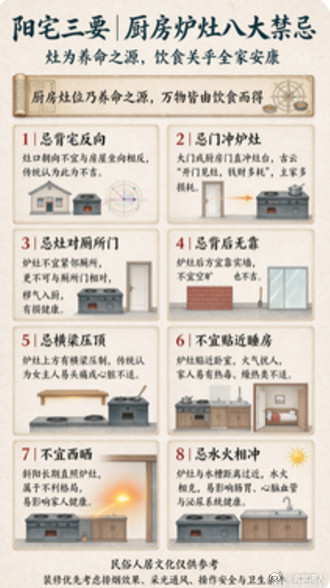 【阳宅三要｜厨房炉灶八大布局禁忌】《阳宅三要》有言：“厨房灶位乃养命之源，万物皆由饮食而得。”厨灶掌