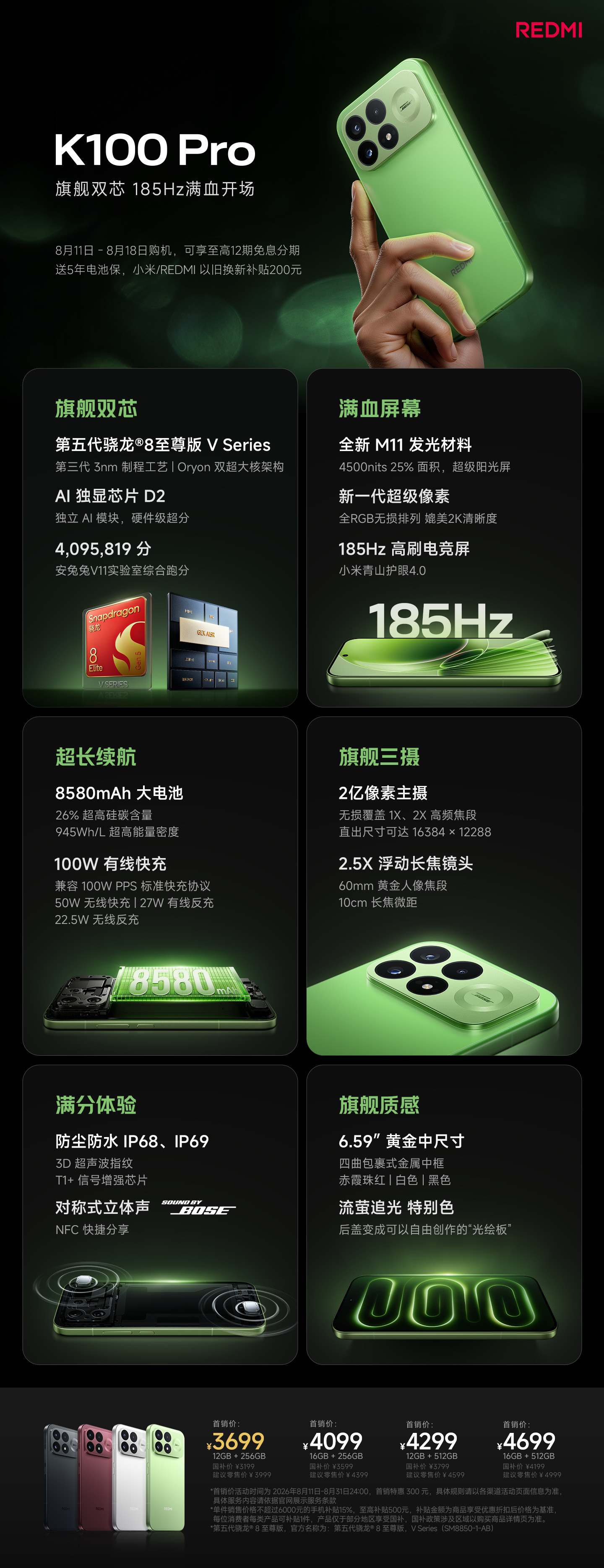 红米发布会K100Pro骁龙8E5V+独显D2185hz超级像素2亿主摄+