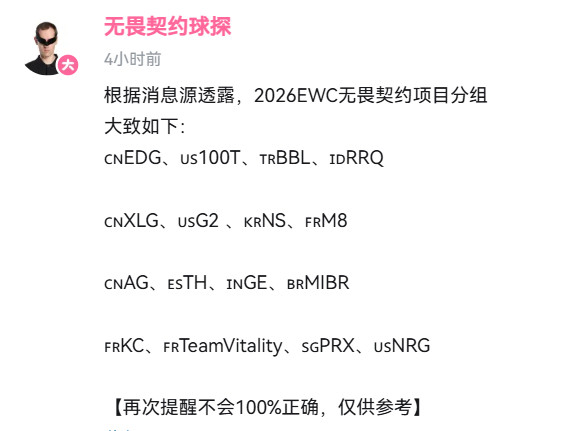2026EWC无畏契约项目分组大致如下：🇨🇳EDG、🇺🇸100T、🇹?