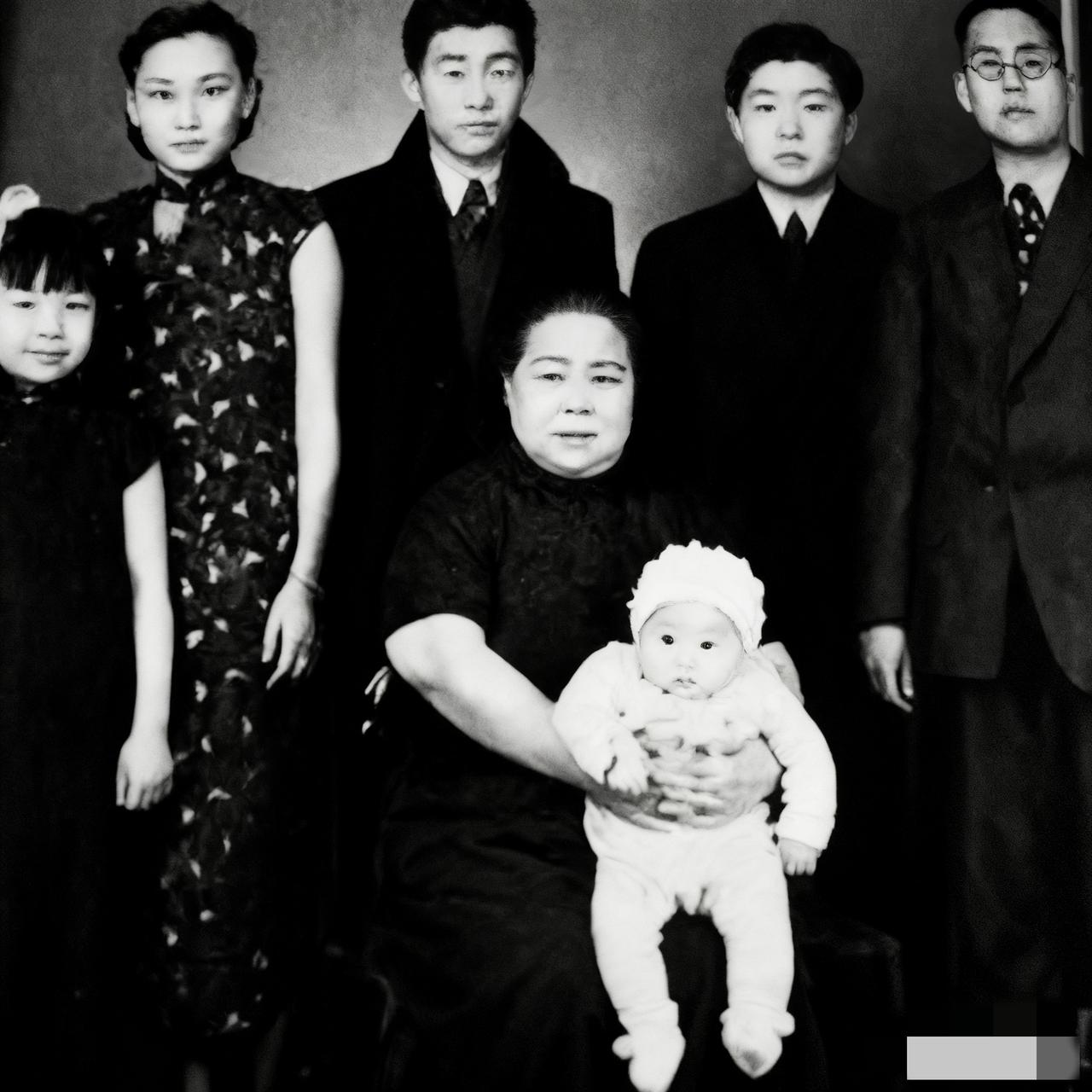 1949年，韩复榘的妻子高艺珍，同几个孩子，以及孙辈，一张罕见的合影，此时的韩复