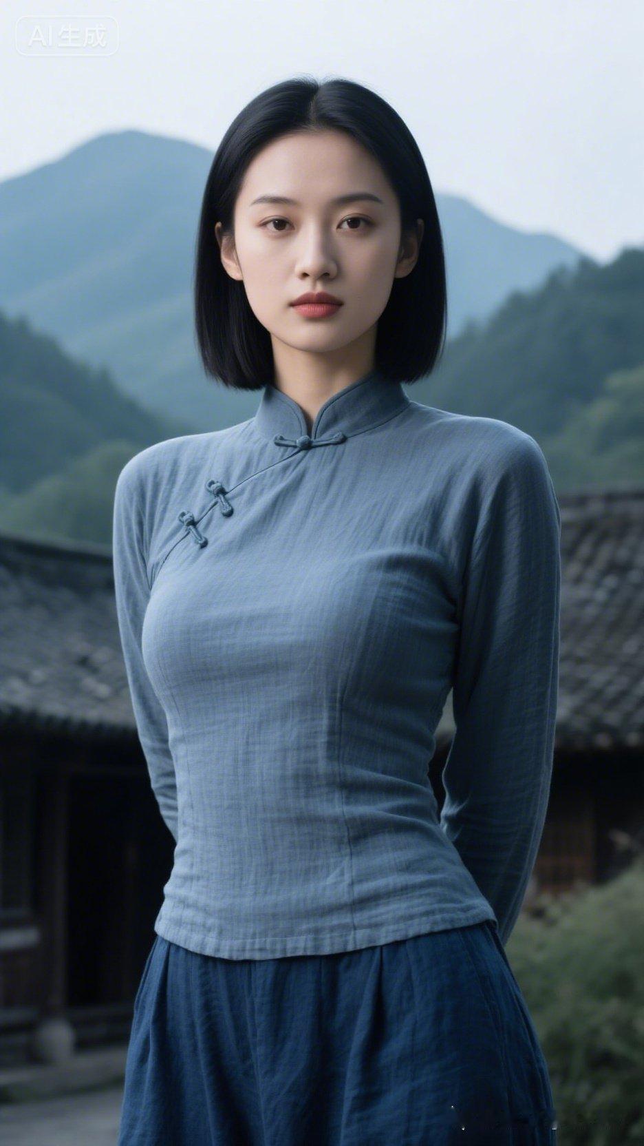 蓝衣女子，静立山水间，古典韵味，如诗如画。