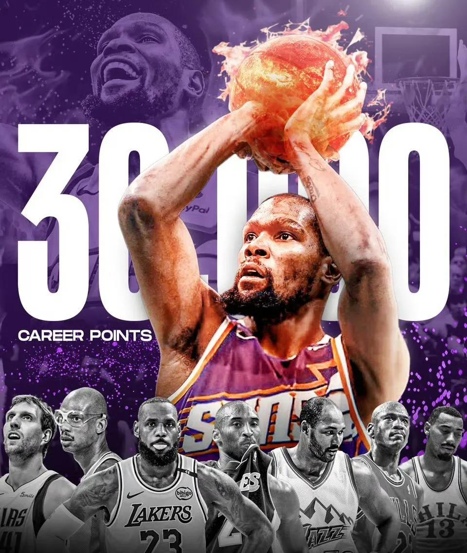 杜兰特成为NBA历史第8位，现役第2位30000分先生杜兰特30000+分