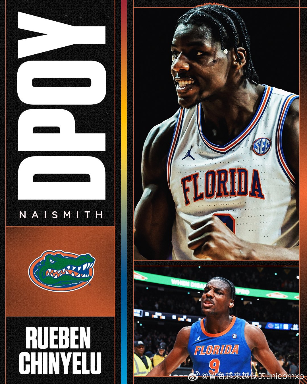 佛罗里达大学中锋RuebenChinyelu获得耐史密斯年度最佳防守球员，身高