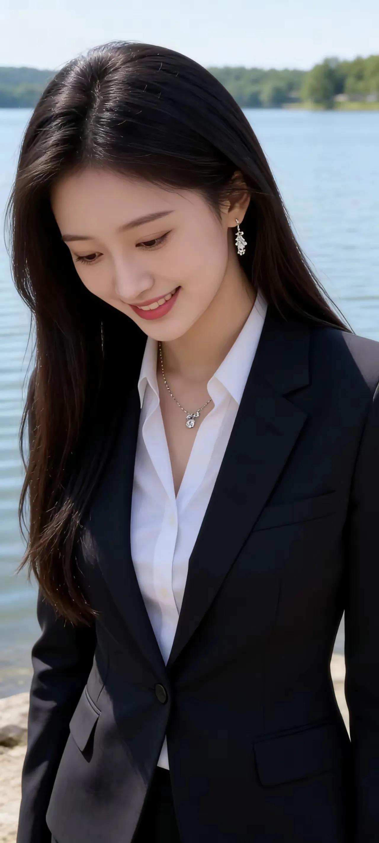 优雅职场风，白衬衫+黑西装，自信微笑，湖边漫步。