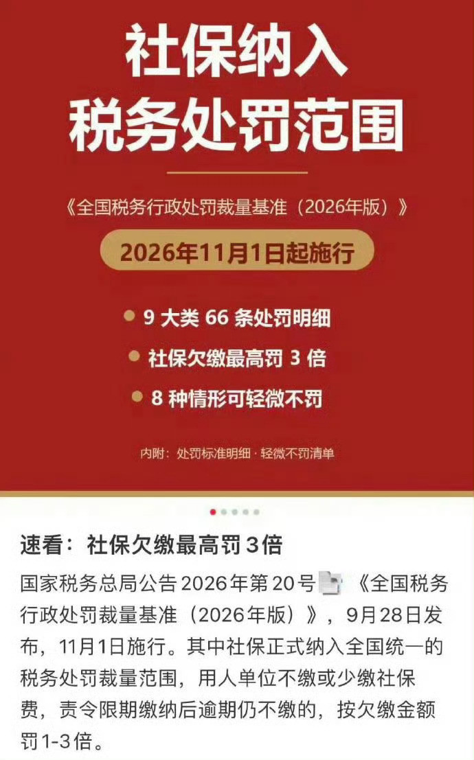 国家税务总局又出新规了！11月1日起，全国统一税务处罚标准，用人单位欠缴社保，经