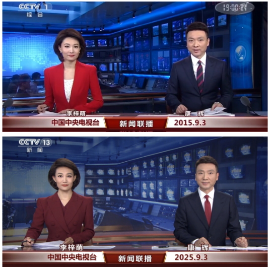 今晚《新闻联播》主播还是康辉、李梓萌十年过去了，现在54岁的康辉和48