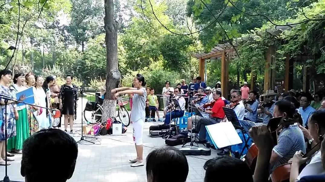 退休后的大爷大妈为了充实生活，约上音乐爱好者在公园里唱唱歌、拉拉琴、跳跳舞，消遣