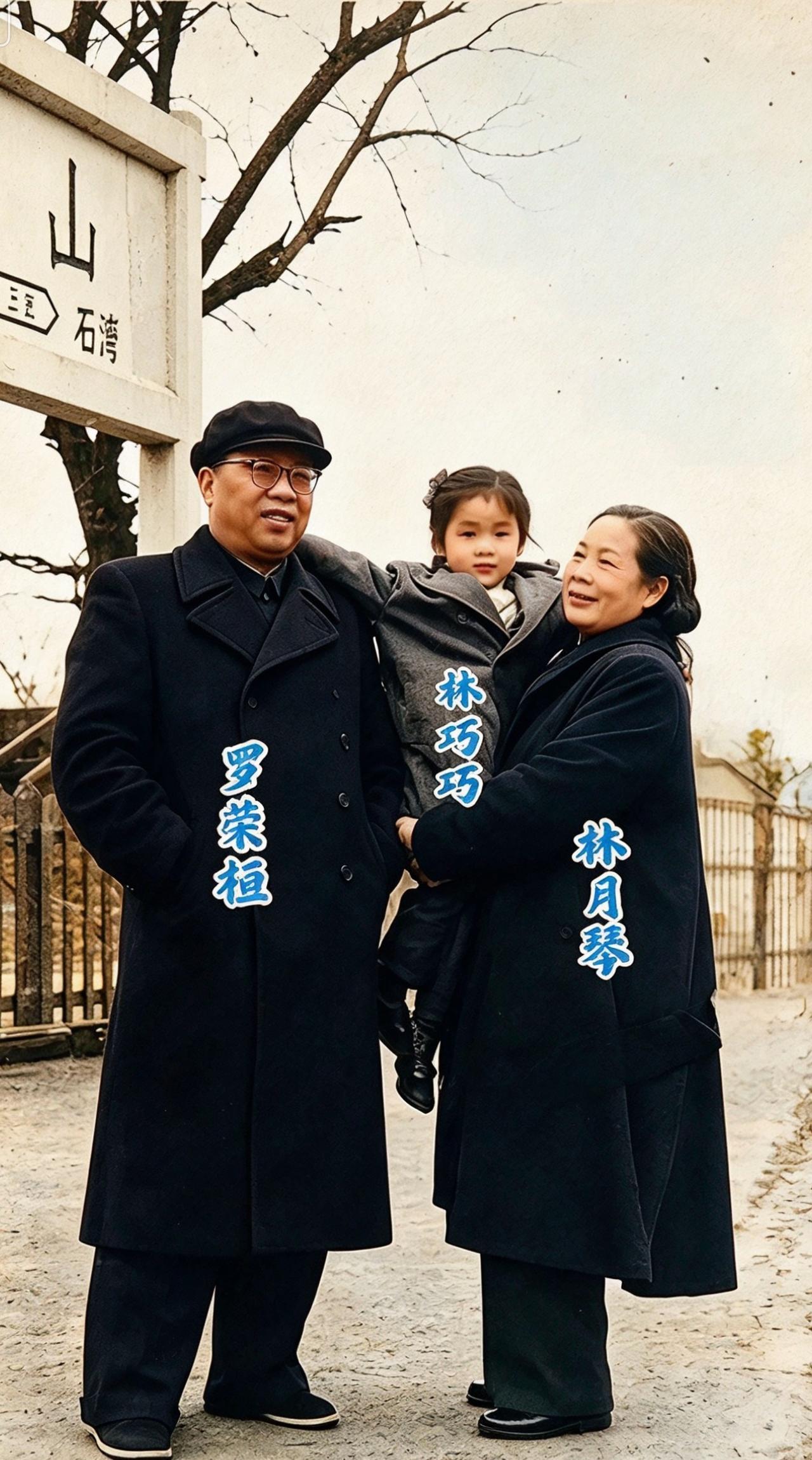 1954年春，列车停靠湖南衡山火车站，罗荣桓元帅与夫人林月琴、女儿巧巧，在站台留