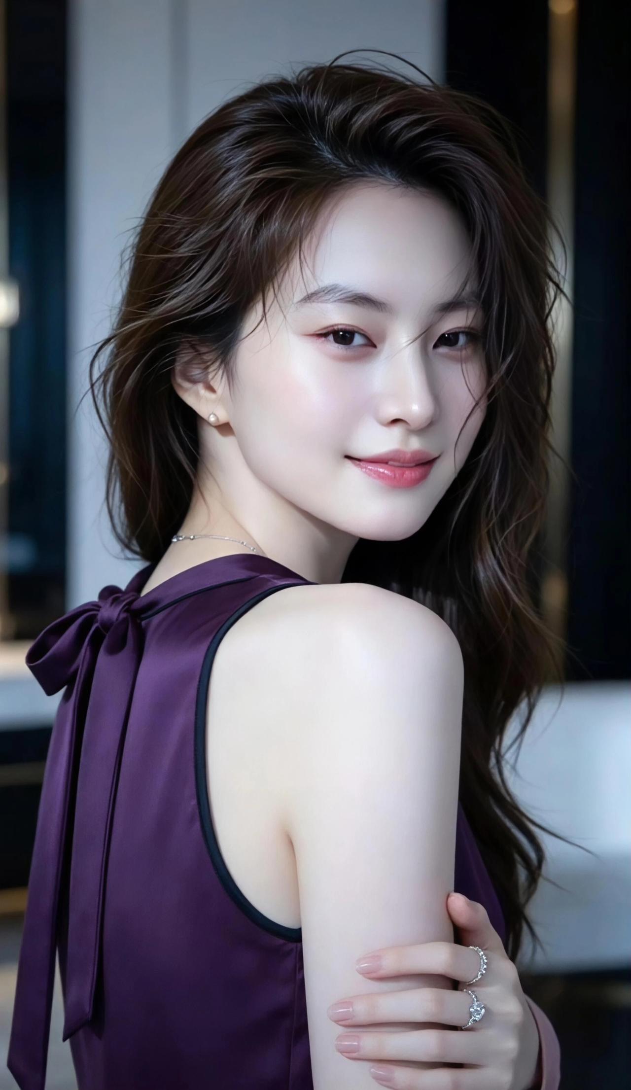 这位美女穿着紫色连衣裙，微笑迷人。