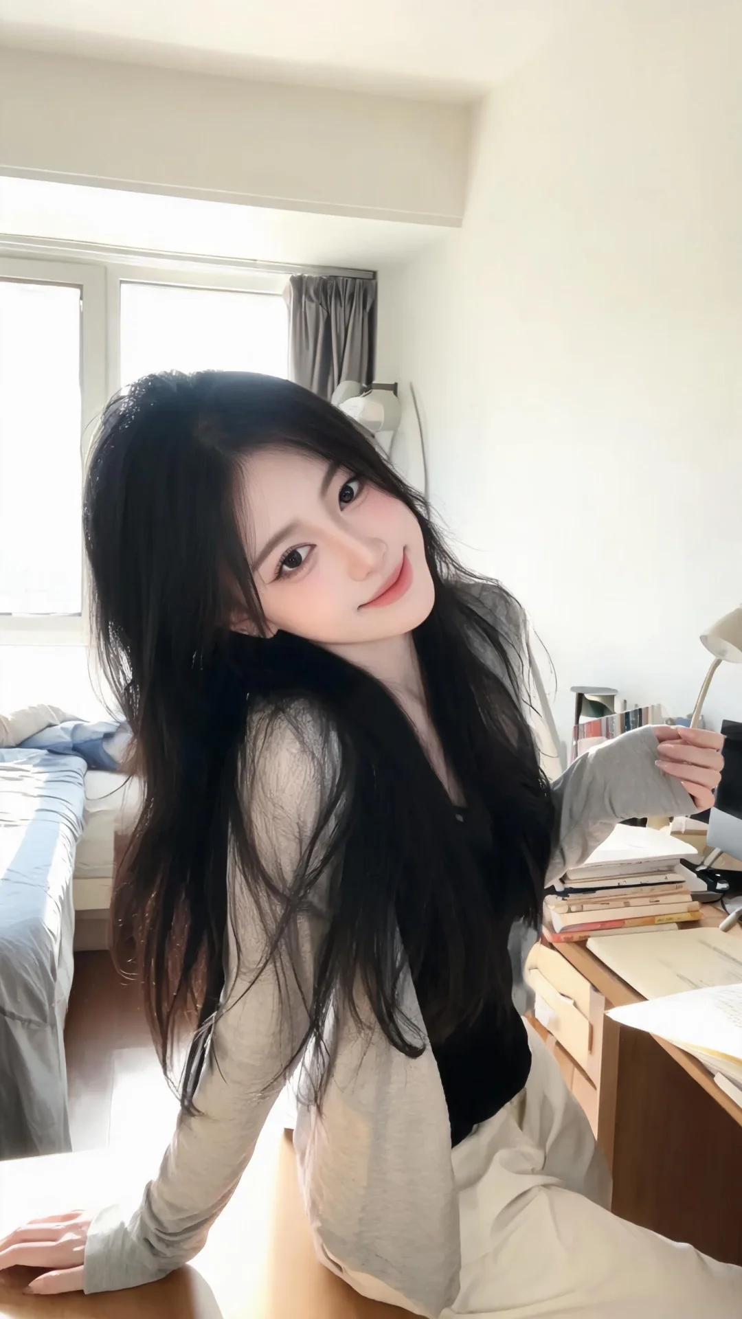 一位长发飘飘模样可爱的女生，尽显生活中的绚丽日常，人像摄影，日常快照风...