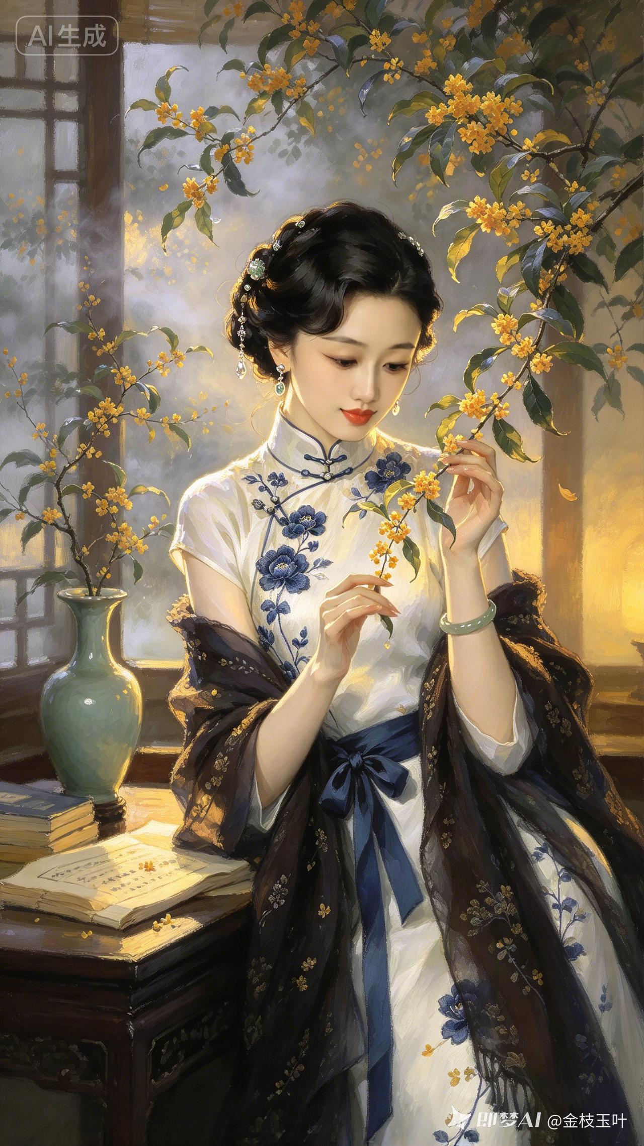 一个美女在窗边闻花香。