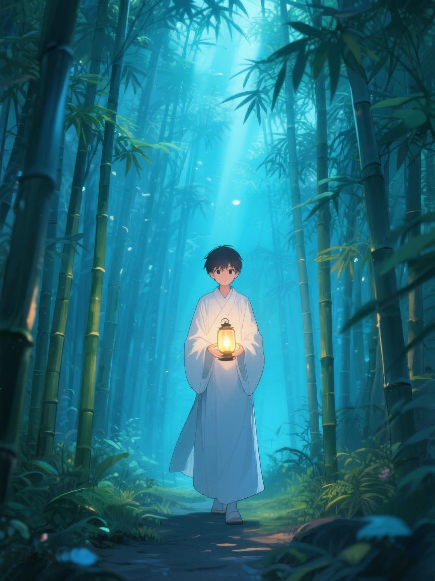 AI妙生图在幽篁间，那束光引领着前行，似在探寻内心微光，于静谧中开启未知之旅✨男