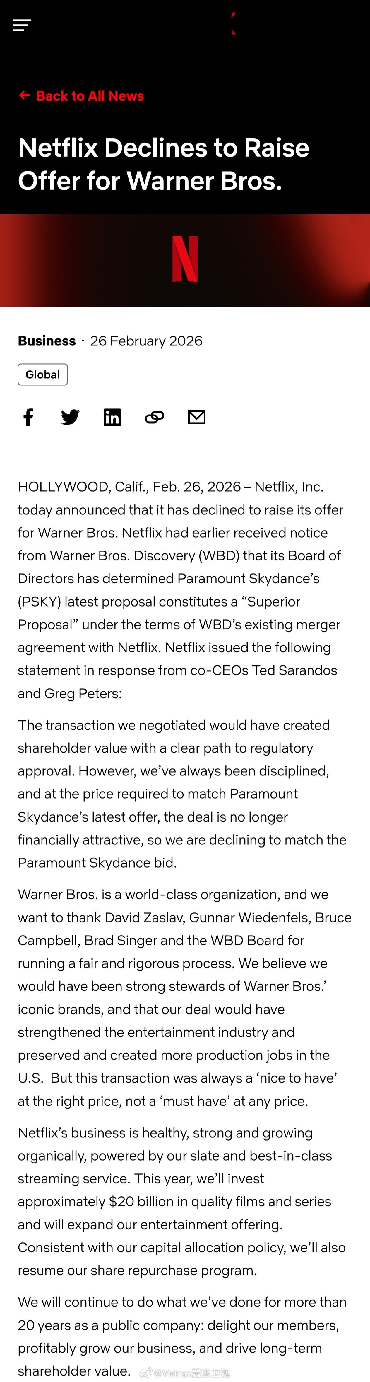 Netflix收购华纳兄弟的计划生变……Netflix正式发布通告，宣布拒绝