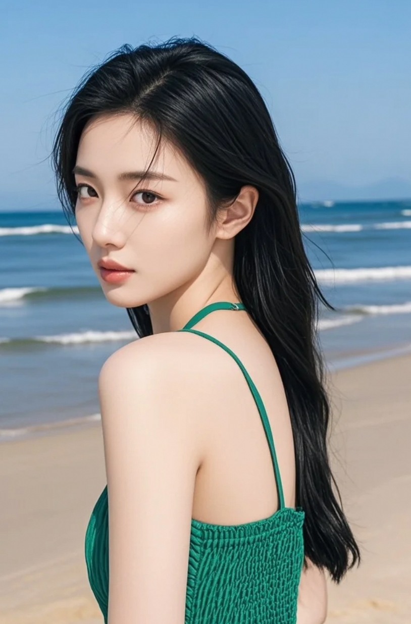 她在海边的优雅转身，定格了夏天