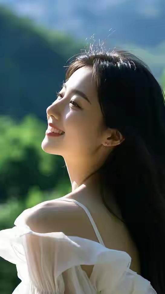 阳光洒在笑靥如花的她身上，仿佛置身于梦幻的仙境。