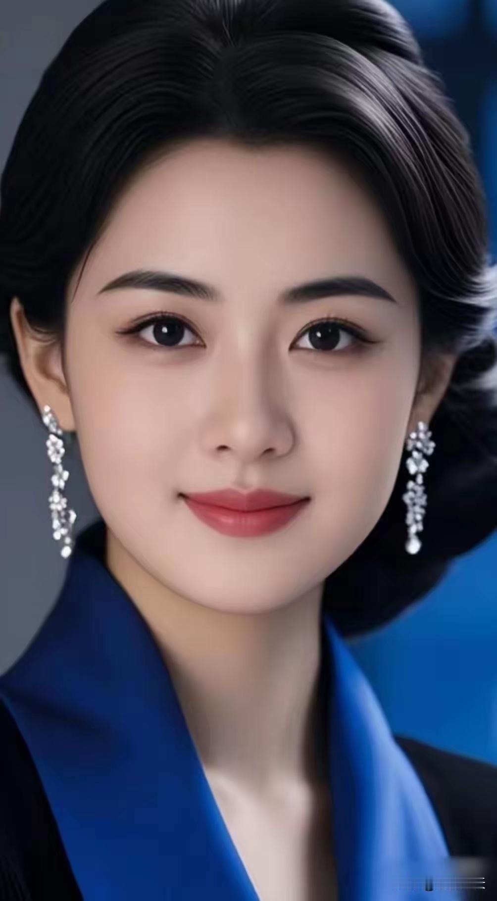 这位女士穿着蓝色衣服，戴着耳环，微笑着。