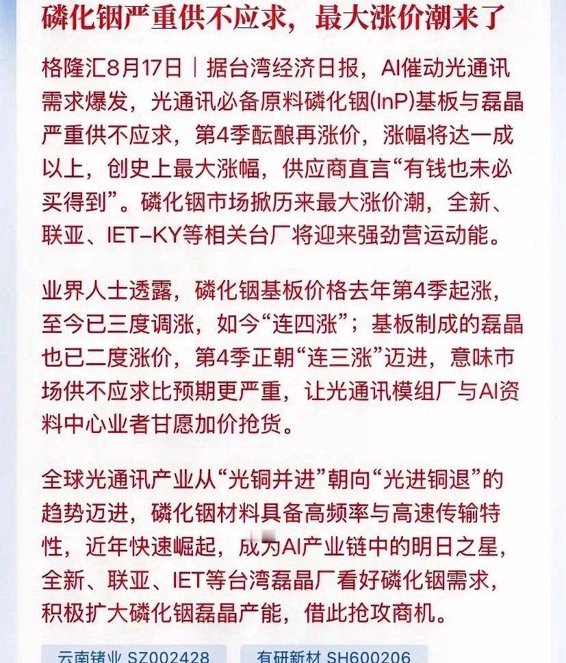 磷化铟严重供不应求，最大涨价潮来了：有钱都拿不到货！刚从台媒那边传来实锤消息——
