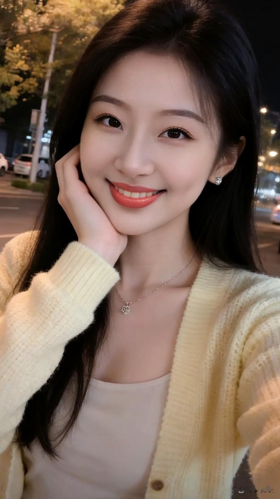 夜色裹着暖意，毛衣的柔软撞上项链的微光，一笑便是整条街的甜。🍂✨分享一下你随