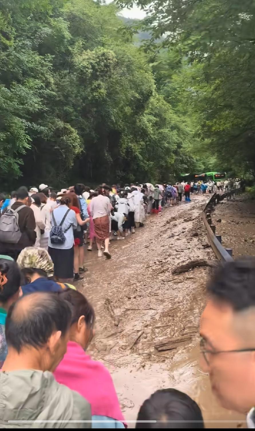九寨沟变泥沟了，突发泥石流，一长排游客踩着泥糊子，路都没有了，离开景区去停车场乘