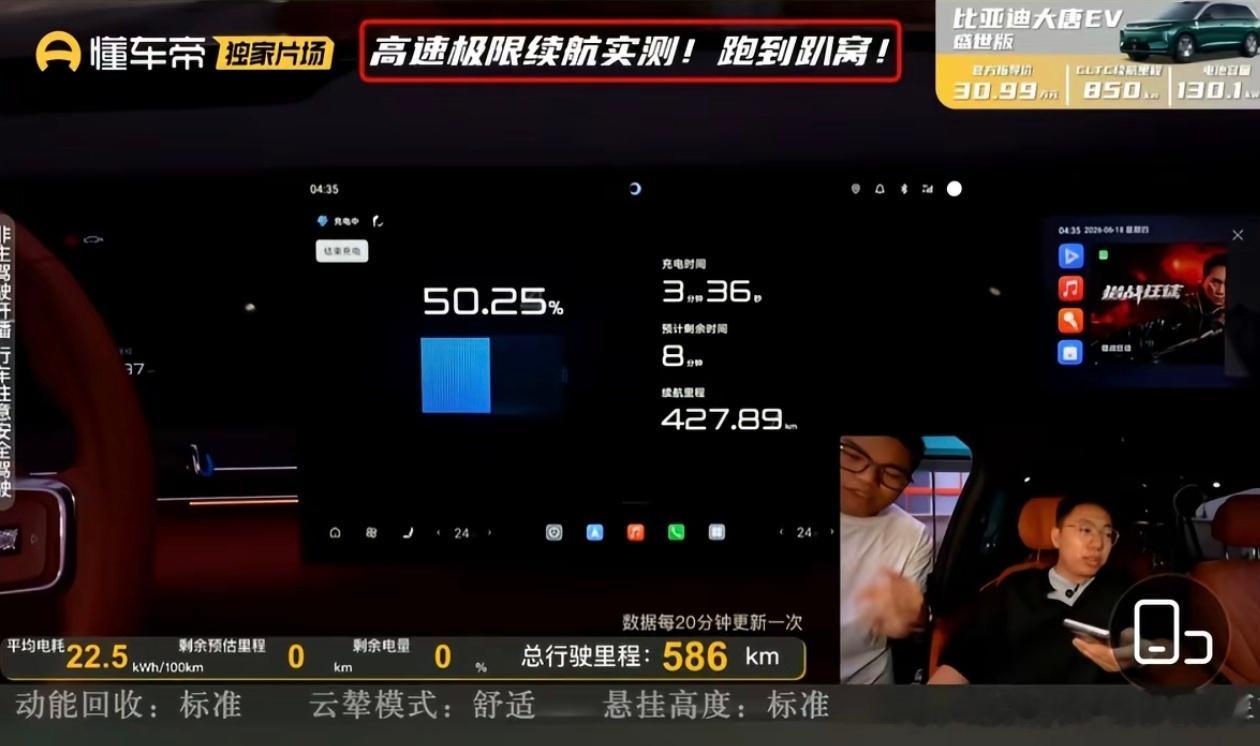 疯膜哥测试的比亚迪大唐EV四驱盛世版，从16%充至97%用时10分01秒，预计从