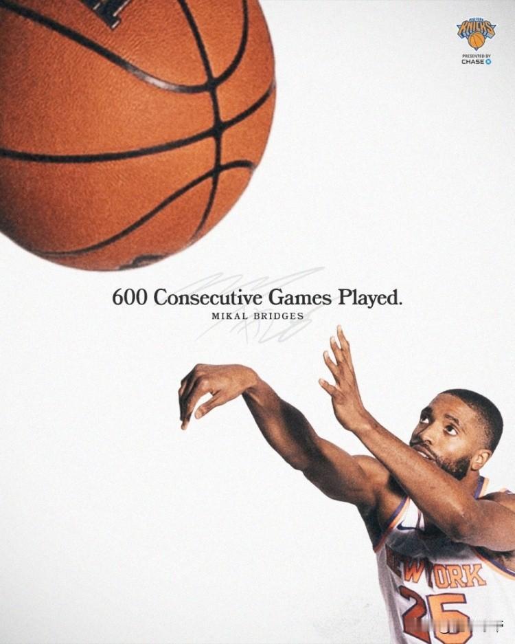 被上帝祝福过的身体，布里奇斯已经连续出战600场比赛!在今天尼克斯于篮网的比