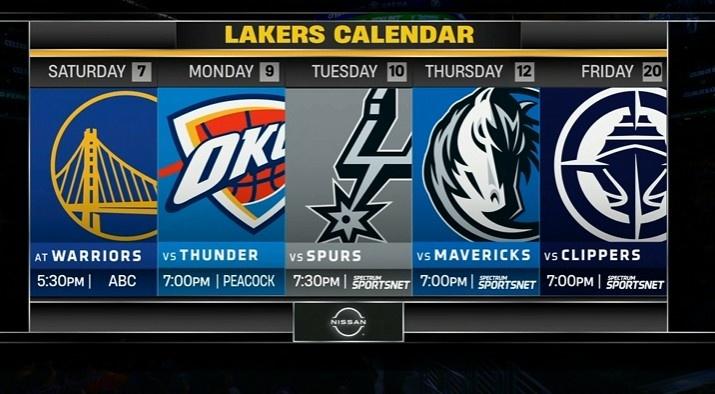 湖人未来5场赛程：2月8日：对阵勇士2月10日：对阵雷霆2月11日：对阵马