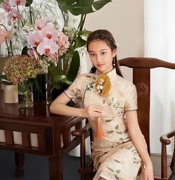 甜馨旗袍照，看不出13岁的样子，脸像爸爸贾乃亮，身材像妈妈李小璐，穿旗袍真有点大