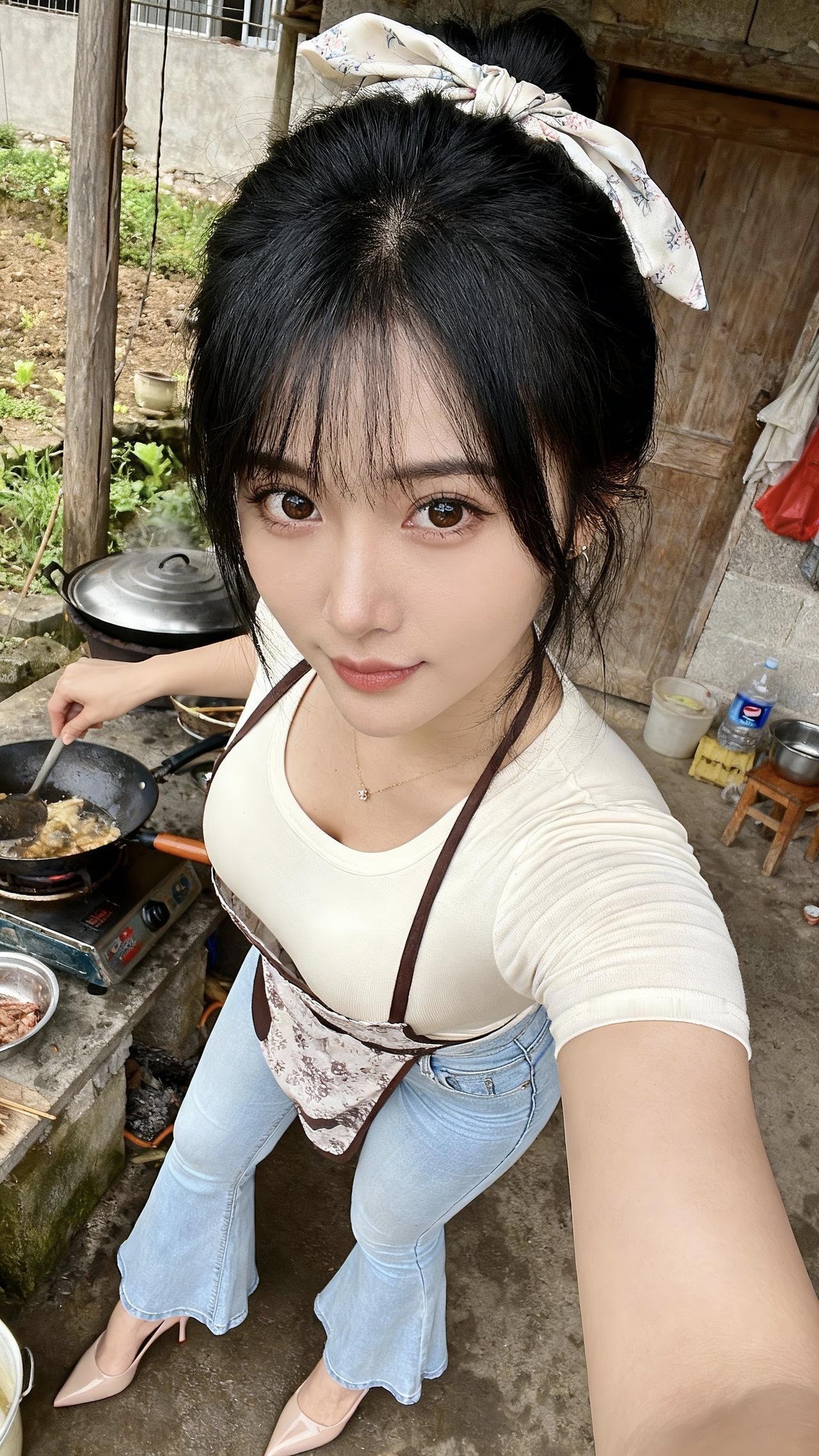 纯天然美女系列柴火灶炒出来的菜应该很好吃吧，漂亮的小厨娘