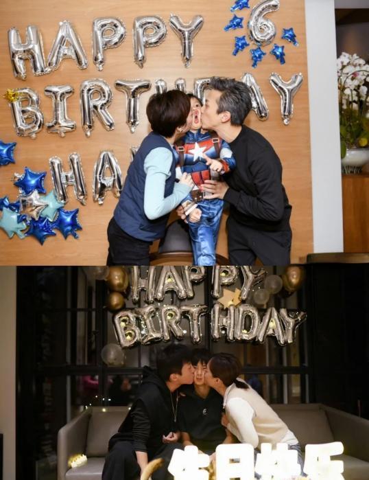 孙俪和邓超又亲上去了。儿子12岁，脸都快被亲扁了，没躲。十几年，年年这样，亲