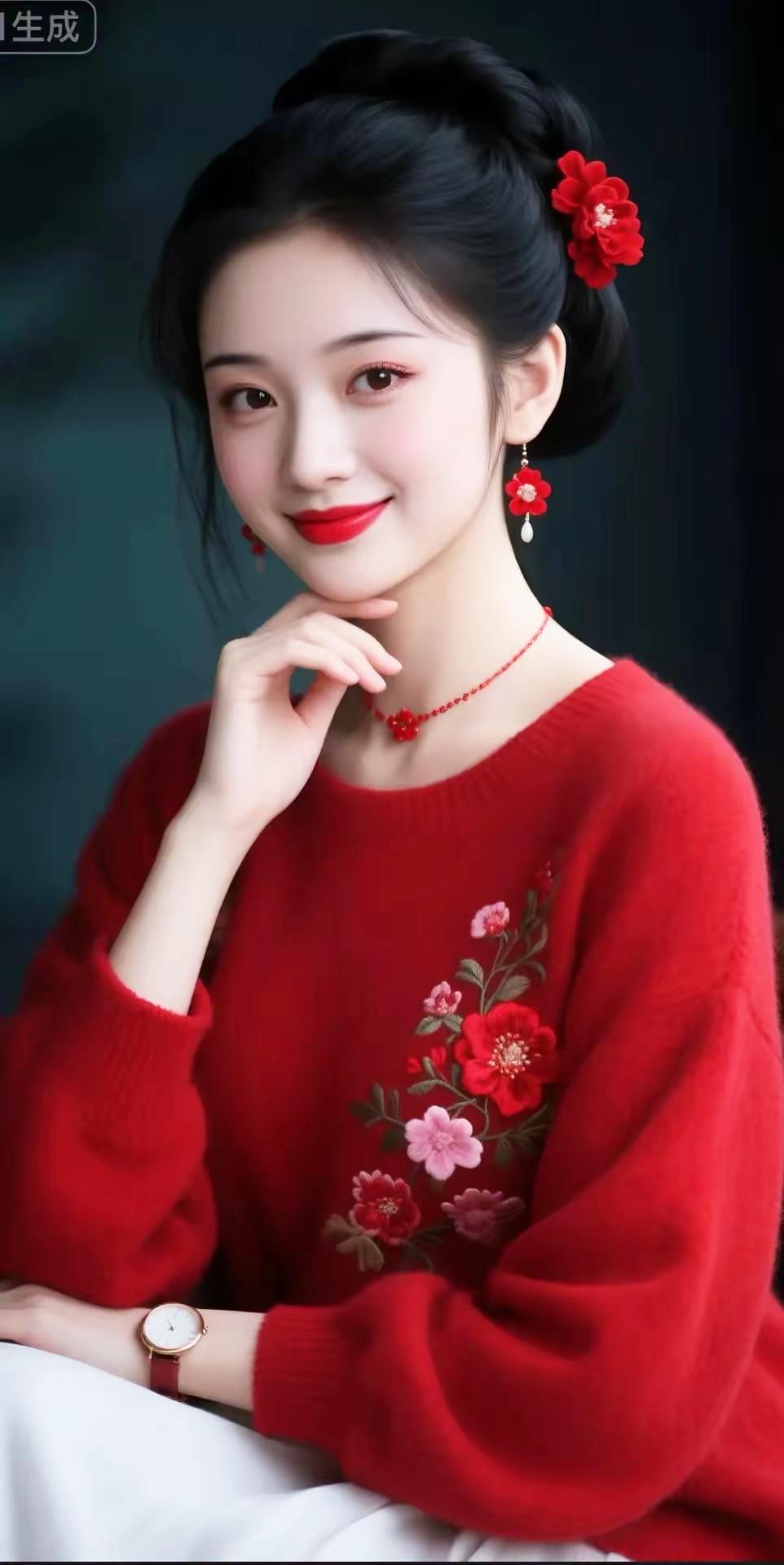 甜美红衣少女，精致妆容，优雅气质，秒变女神！🌸💄👗