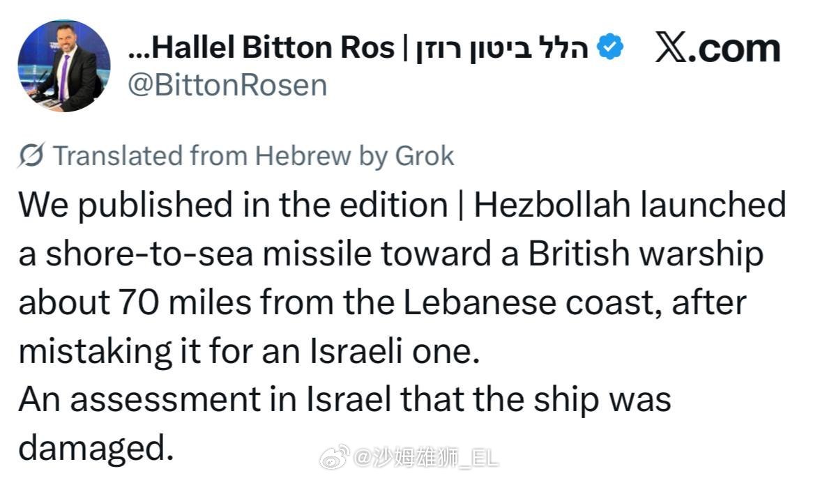 以色列第14频道记者哈勒尔·比顿·罗森声称，一艘英国军舰被黎巴嫩真主党发射的反舰