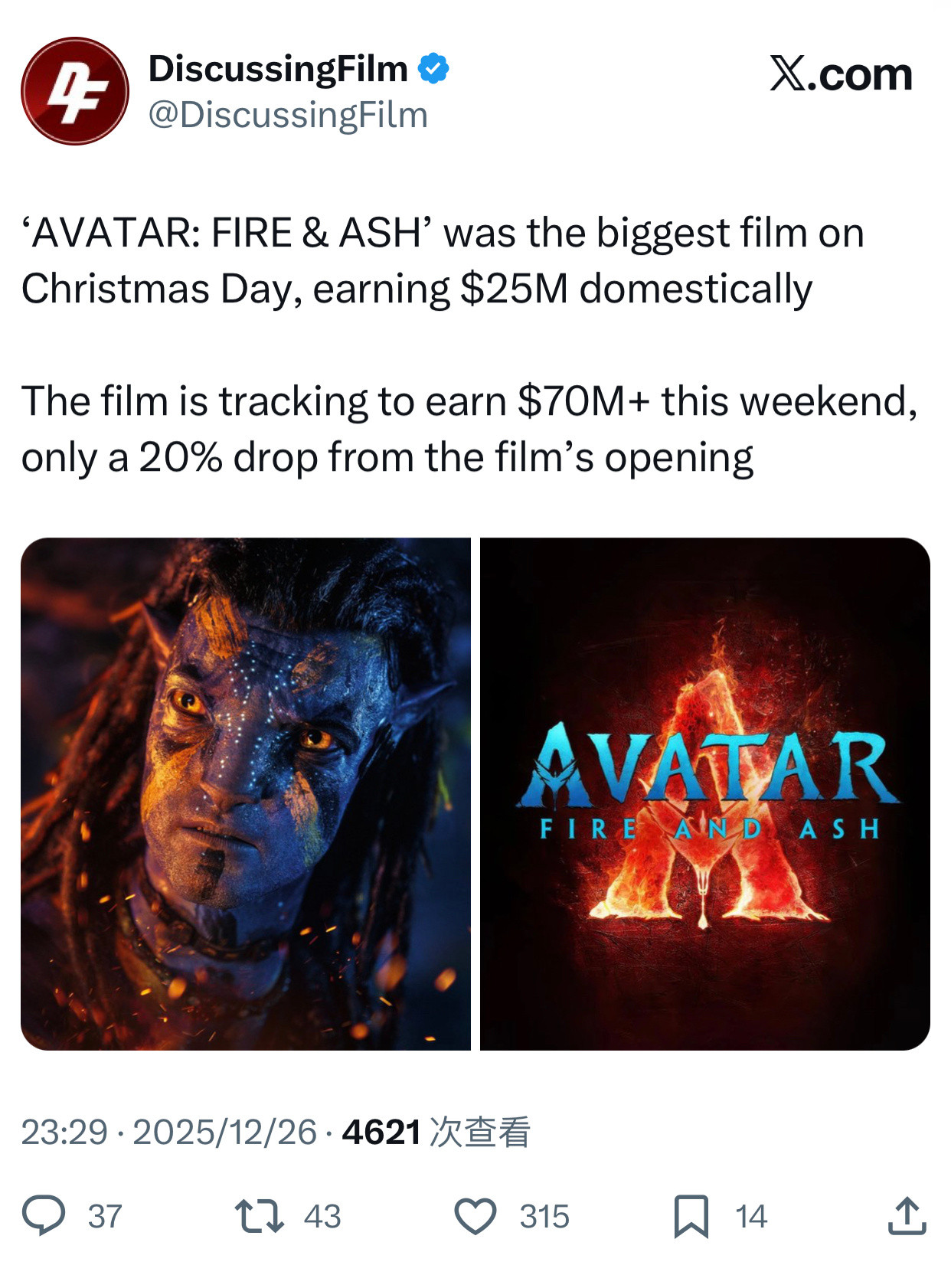 TNABO《阿凡达：火与烬》北美次周末三日预计将达到7000万美元，预计将创下