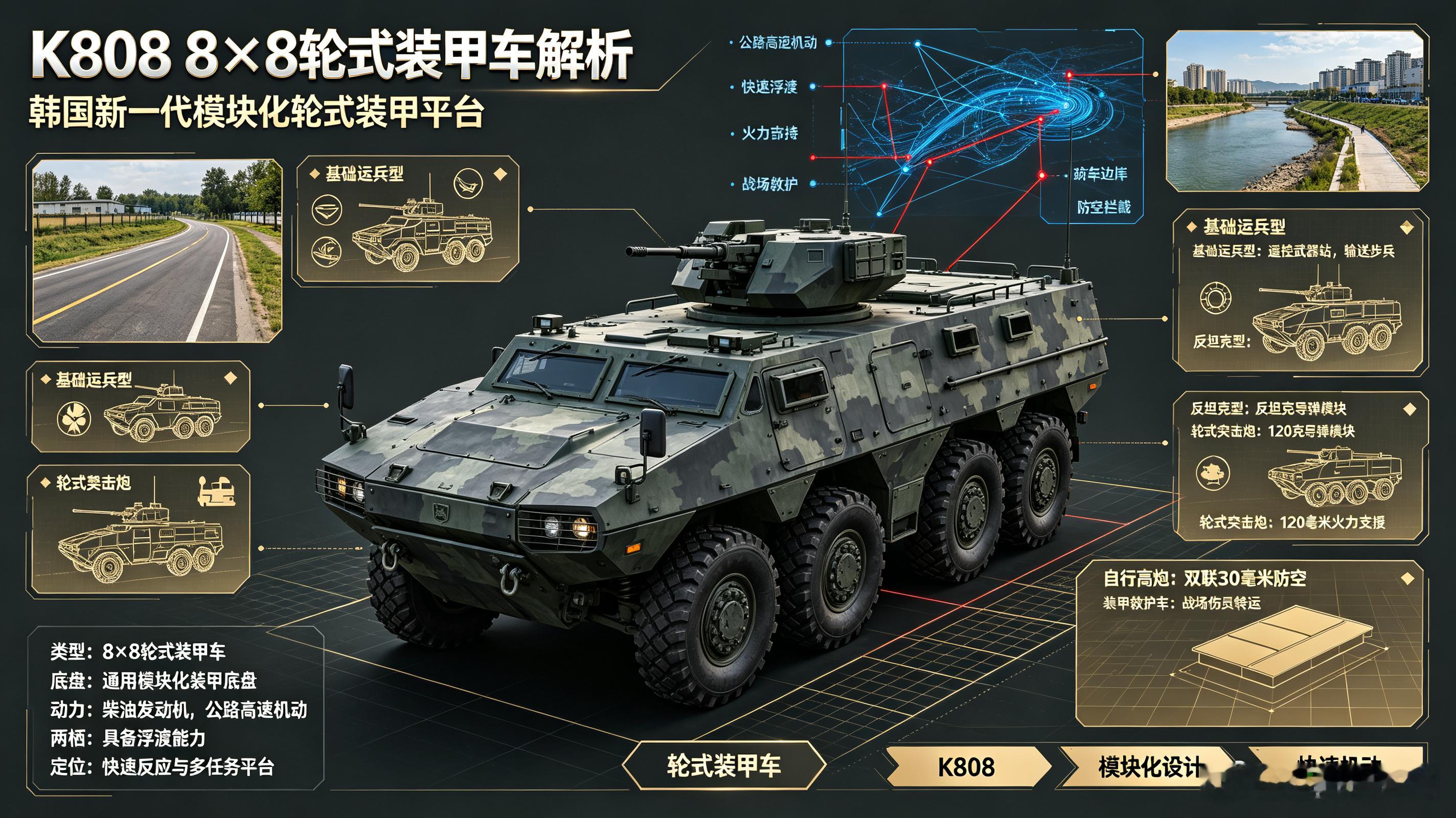 K808，韩国新一代8×8轮式装甲车。采用模块化设计，可改装运兵、反坦克、突击炮