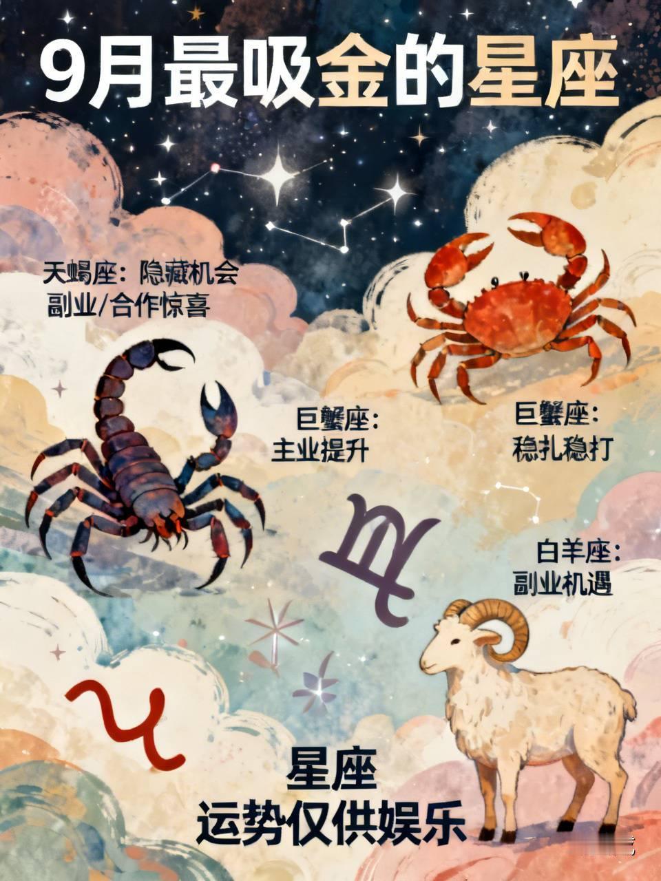 9月最吸金的星座网上流传9月财运榜单，天蝎座、巨蟹座、白羊座排在前三，说这