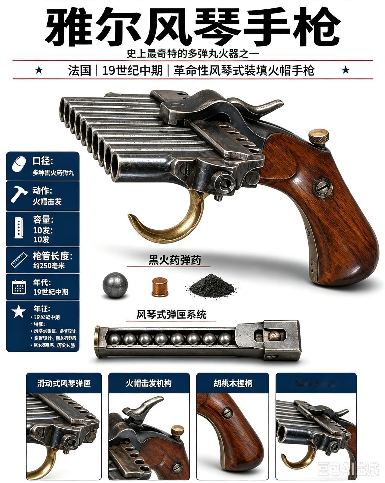 这把外形极具辨识度的枪械就是法国雅尔风琴手枪，也常被称作滑条风琴手枪，诞生于19