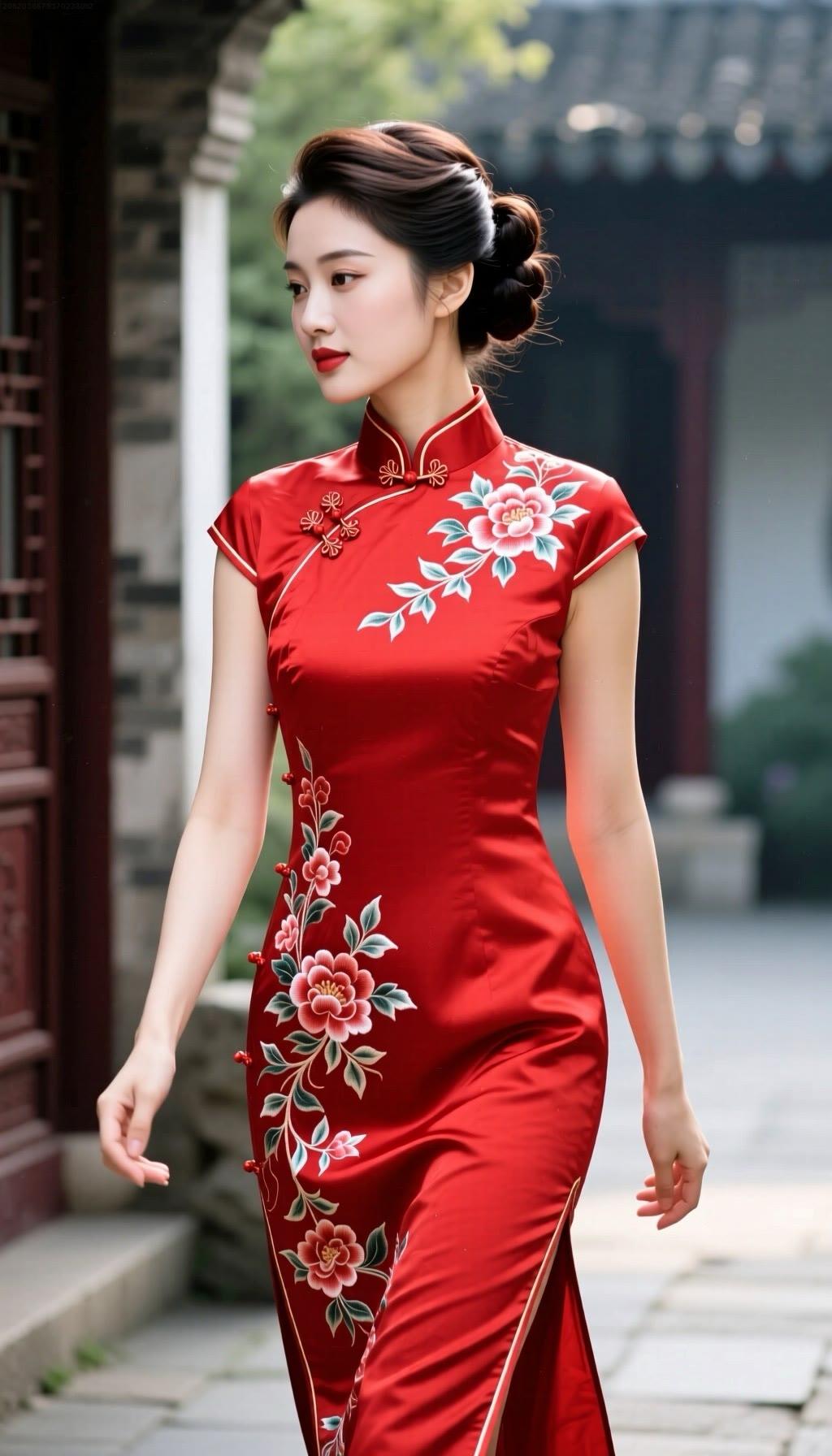 红衣美人漫步古街，花枝招展，韵味十足！🌸👗🏯