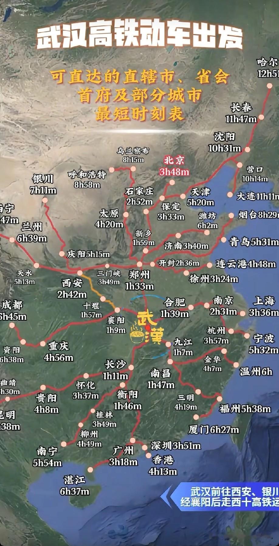 从武汉市坐高铁动车出发可直达的直辖市省会首府及部分城市最快所需时间，图片里属于从