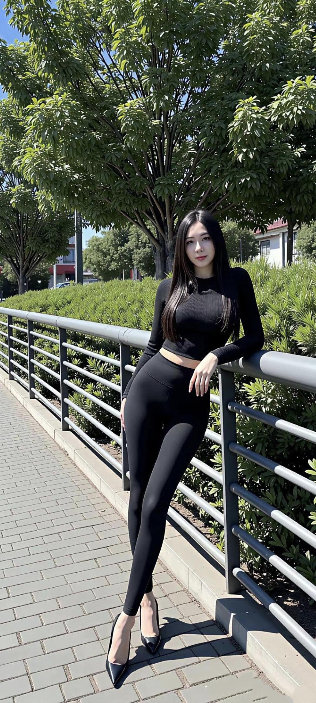 美图欣赏，看图写诗《黑衣倩影》套装显雅姿，倩影立芳丛。青丝随风逸，明眸